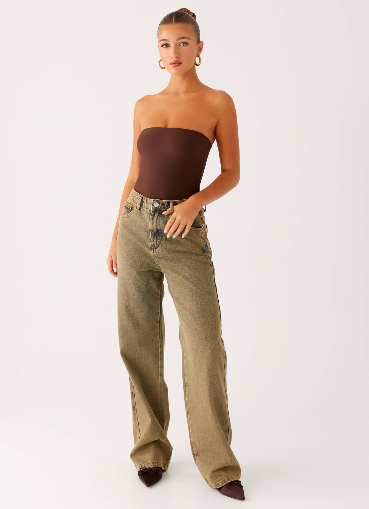 Back Again Straight Leg Denim Jeans - Brown Sand Wash