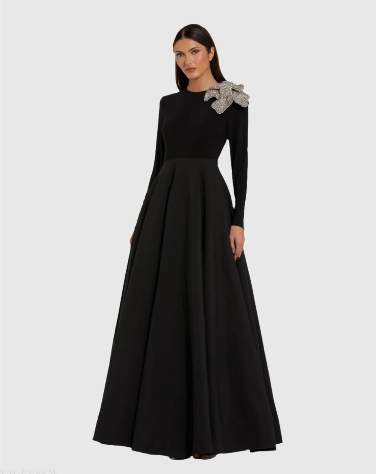 Black Long Sleeve Ball Gown with Rhinestone Flower