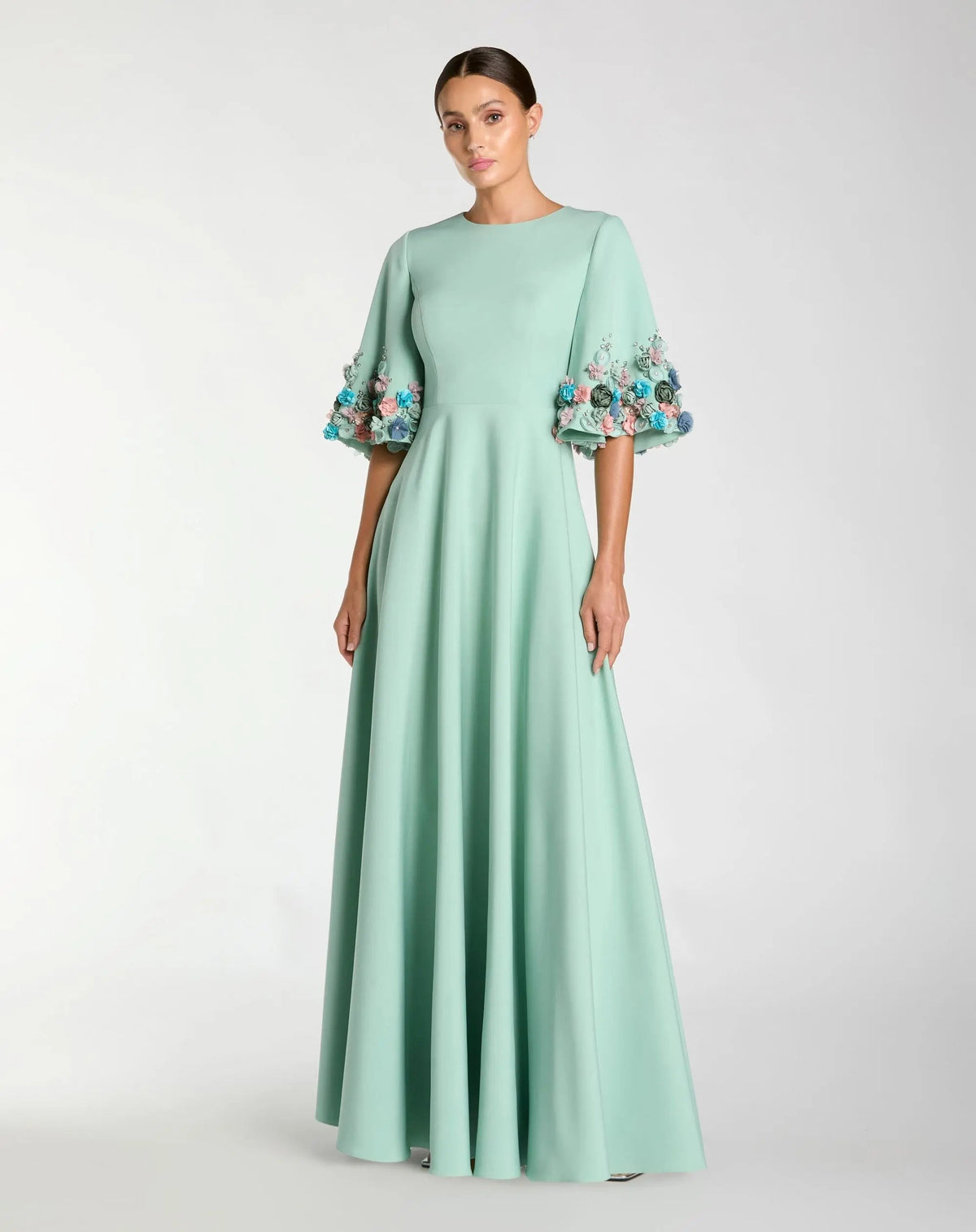Green Crepe 3/4 Sleeve A-line Gown With Flower Trim