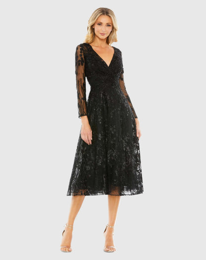 Black Embellished Floral Long Sleeve Dress