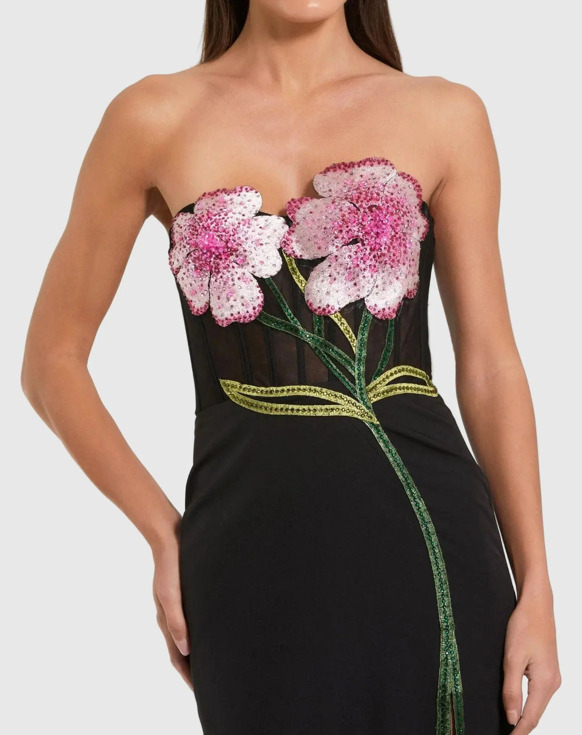 Black Strapless Embroidered Bustier Gown