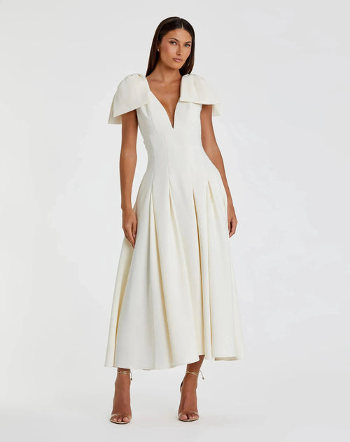 Ivory Crepe A Line Midi Dress With Bow Straps
