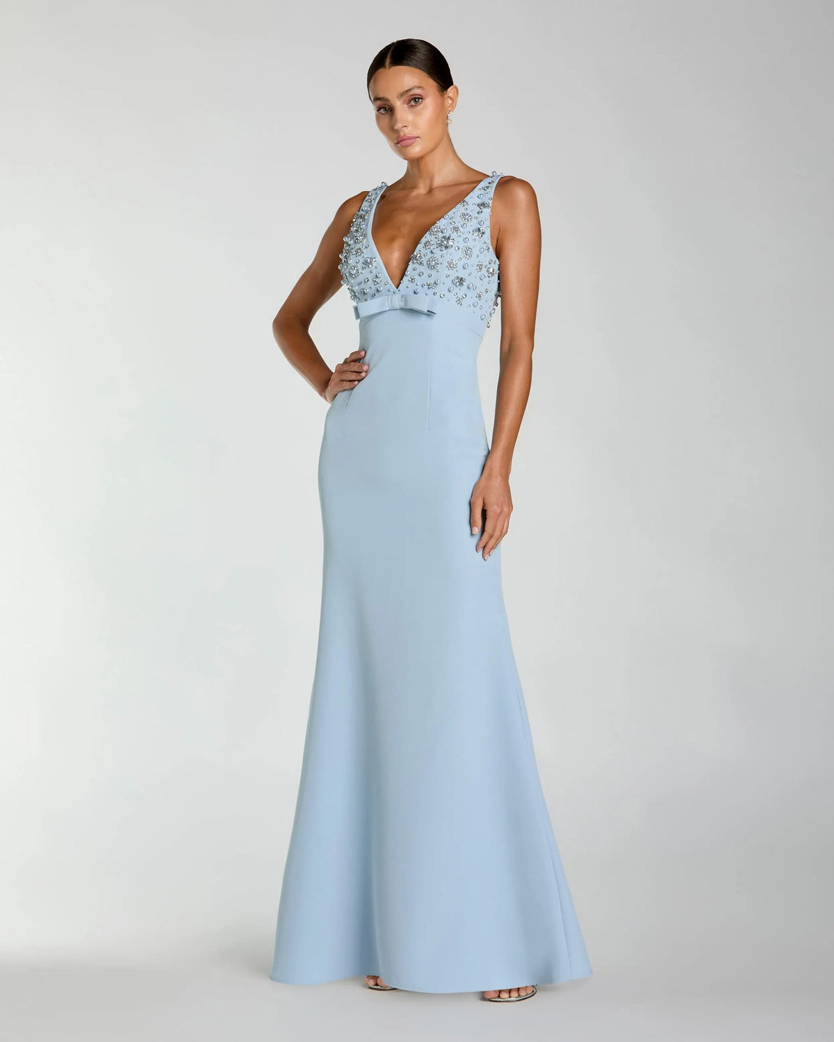 Blue Sleeveless Embellished Crepe Gown With Bow