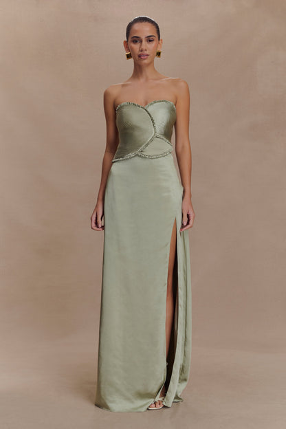 Larissa Satin Maxi Dress With Ruched Petals - Sage