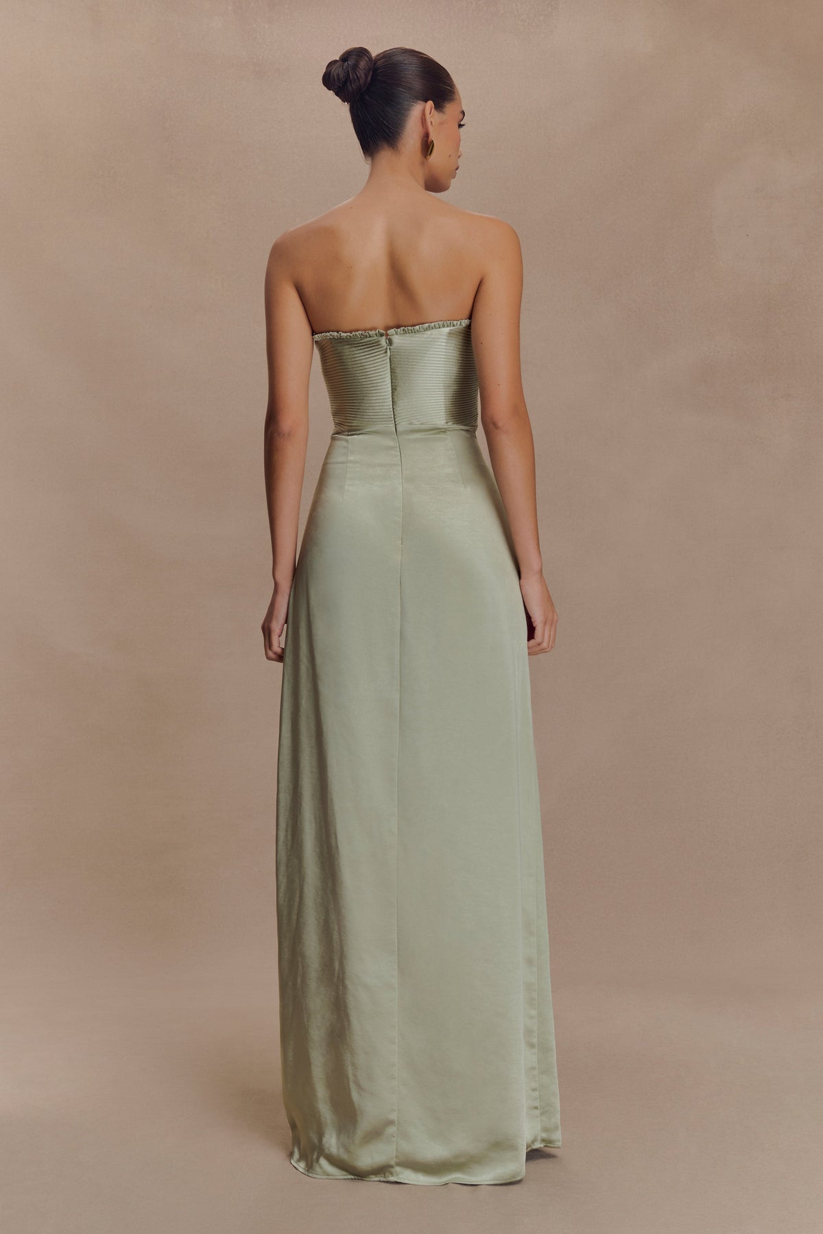 Larissa Satin Maxi Dress With Ruched Petals - Sage