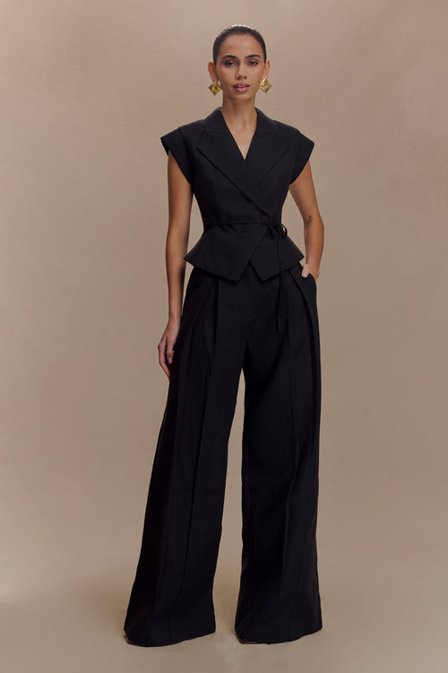 Raya Mid Rise Wide Leg Linen Pant - Black