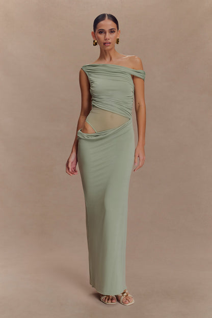 Callen One Shoulder Slinky Maxi Dress - Sage