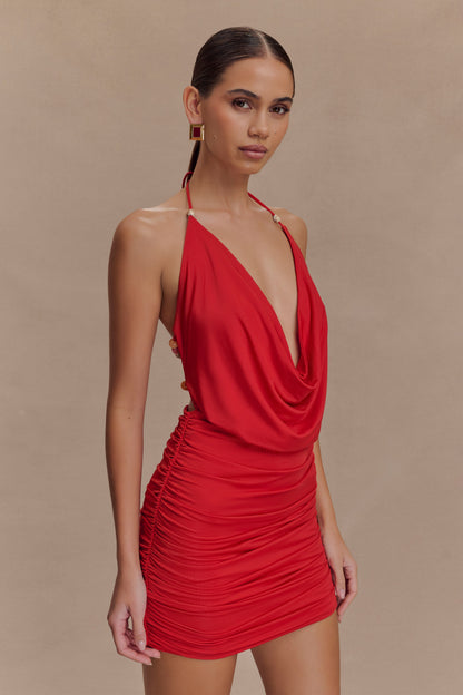 Astraeus Beaded Cowl Mini Dress - Desert Red