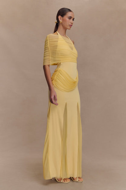 Gabrielle Slinky And Mesh Maxi Dress - Lemon
