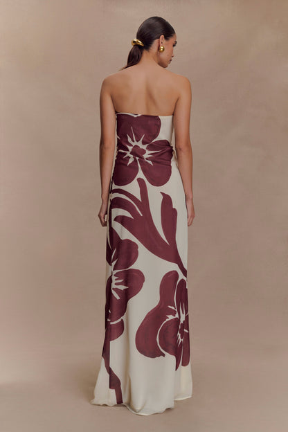 Amaya Strapless Chiffon Maxi Dress - Brown Deco Fleur Print