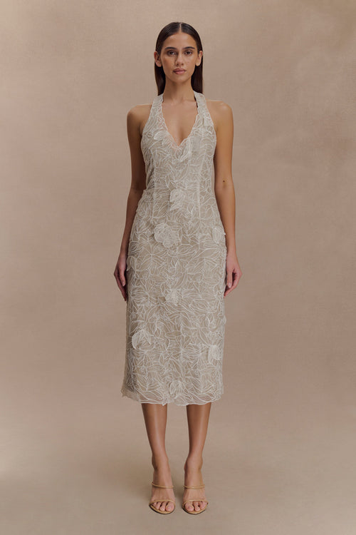 Lenore Silk Lace Halter Midi Dress - Ivory