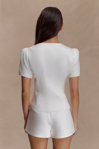 Anne Short Sleeve Satin Top - White