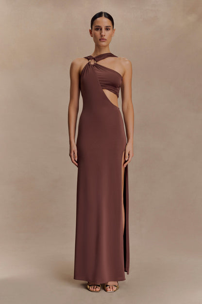 Lottie Slinky Maxi Dress With Split - Chocolate