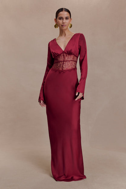 Kaya Long Sleeve Satin And Mesh Maxi Dress - Wine
