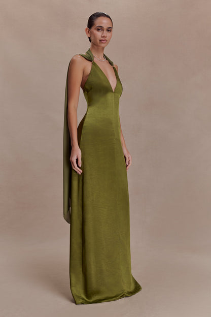 Myla Draped Shoulders Satin Maxi Dress - Khaki