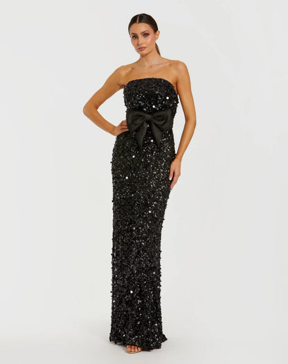 Black Strapless Sequin Evening Gown With Bow