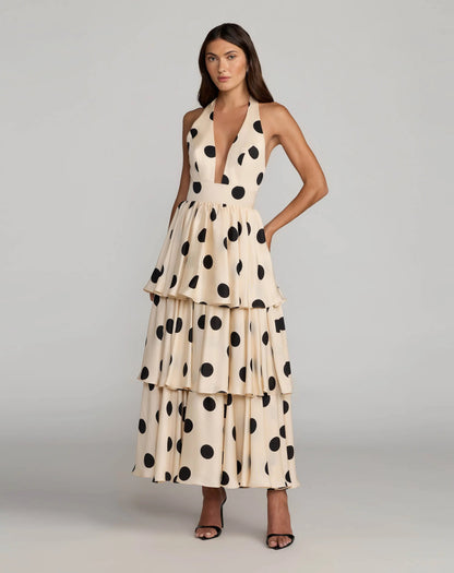 Beige Halter Neck Polka Dot Ruffle Maxi Dress