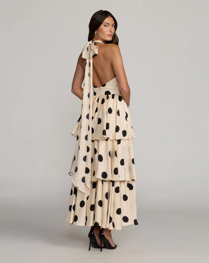 Beige Halter Neck Polka Dot Ruffle Maxi Dress