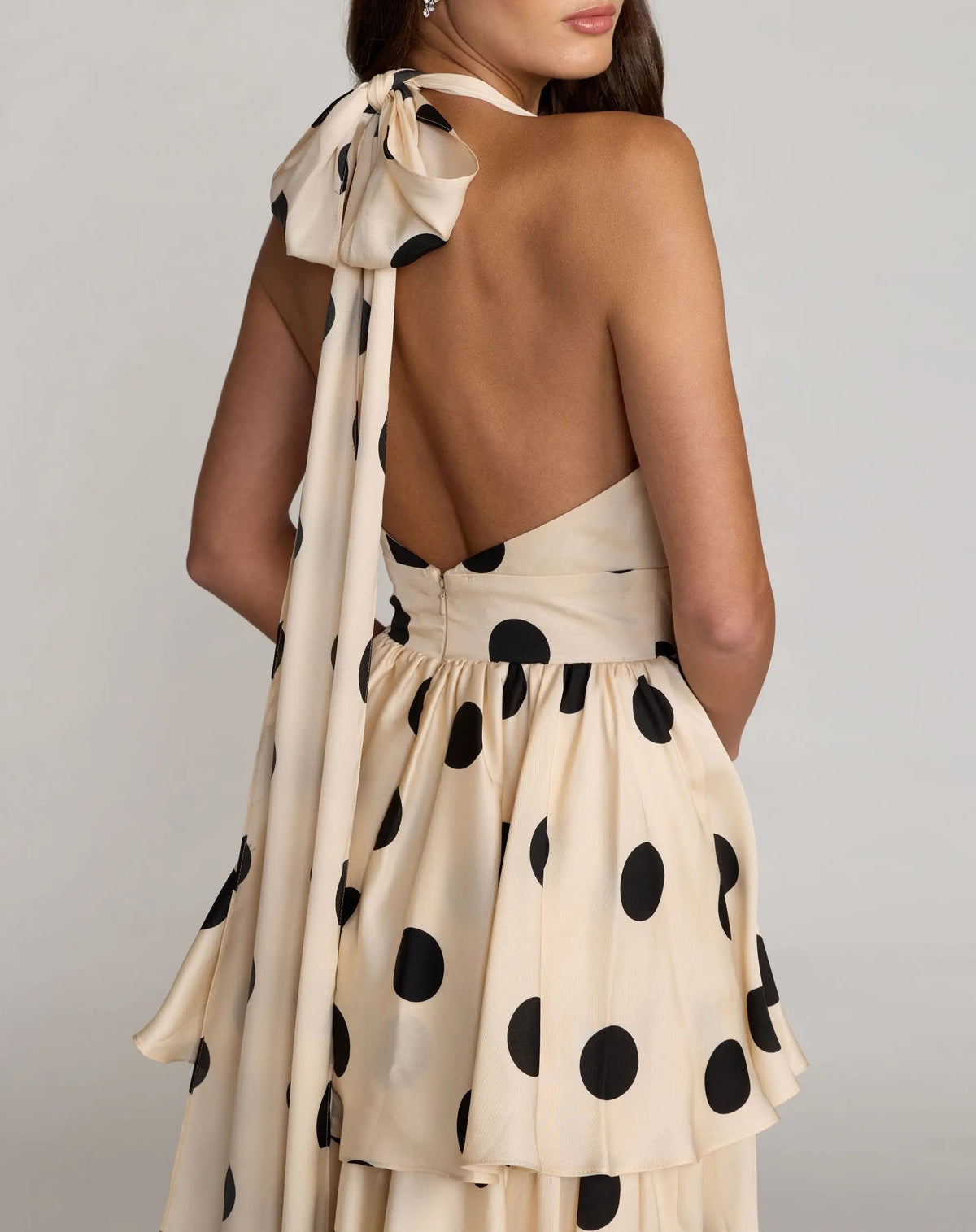 Beige Halter Neck Polka Dot Ruffle Maxi Dress