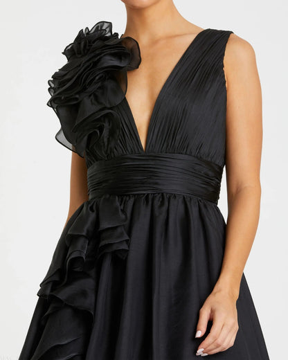Black Ruffle Shoulder V-Neck Chiffon Gown