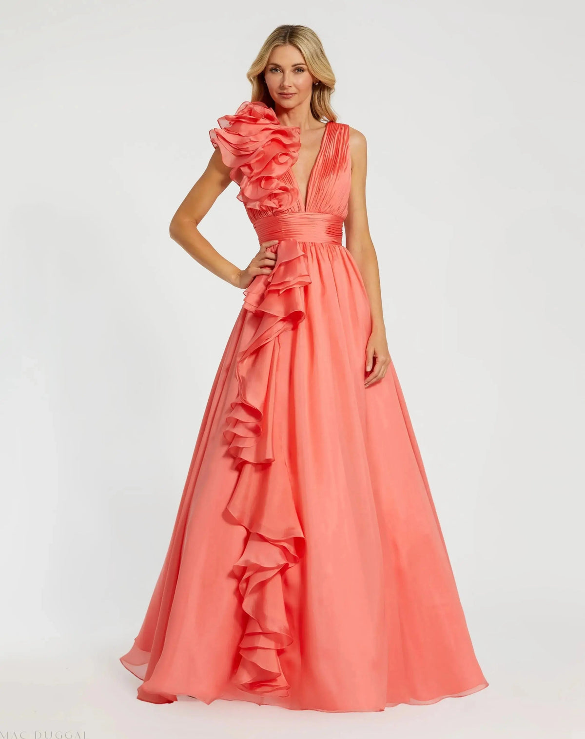 Coral Ruffle Shoulder V-Neck Chiffon Gown
