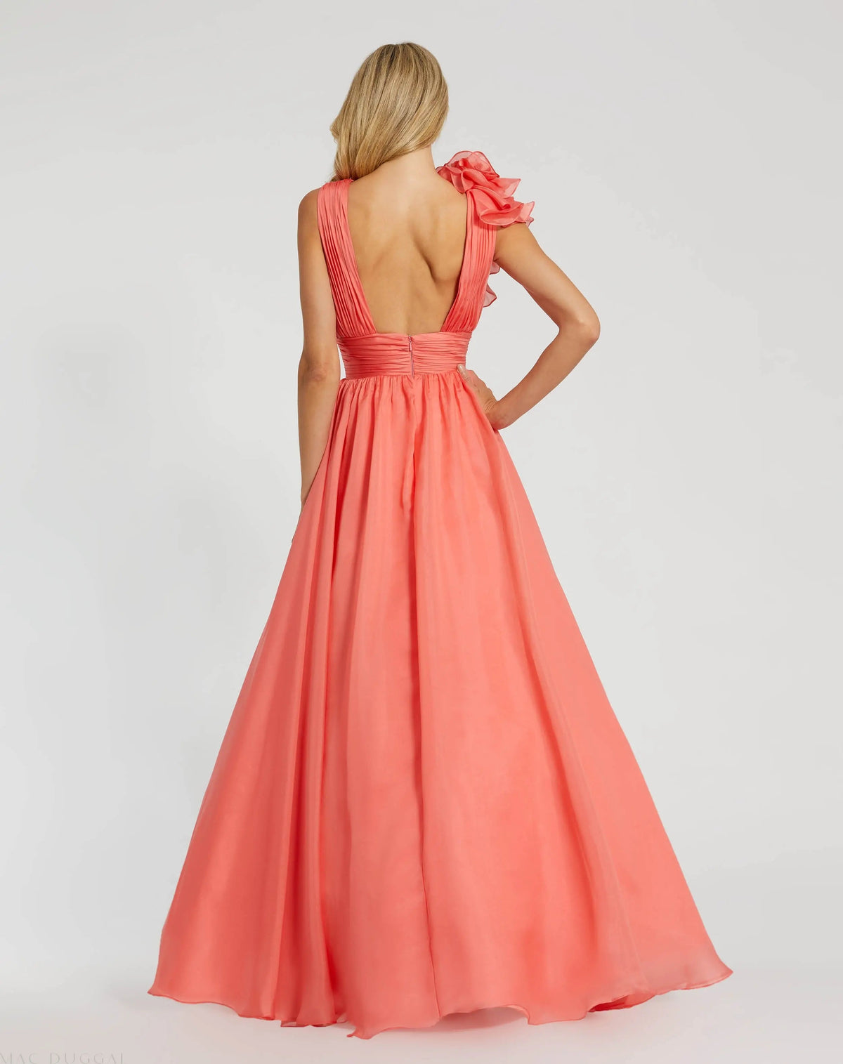 Coral Ruffle Shoulder V-Neck Chiffon Gown