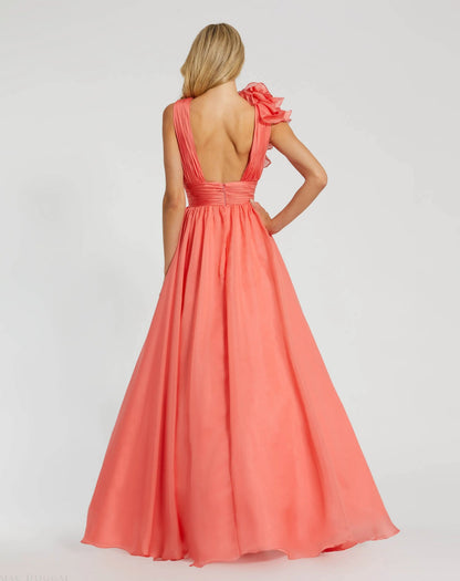 Coral Ruffle Shoulder V-Neck Chiffon Gown