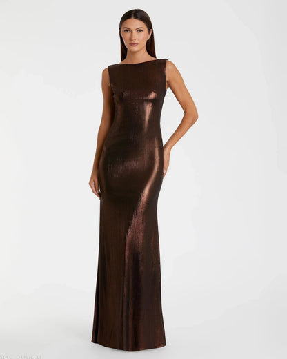 Brown Metallic Jersey Cowl Back Column Gown