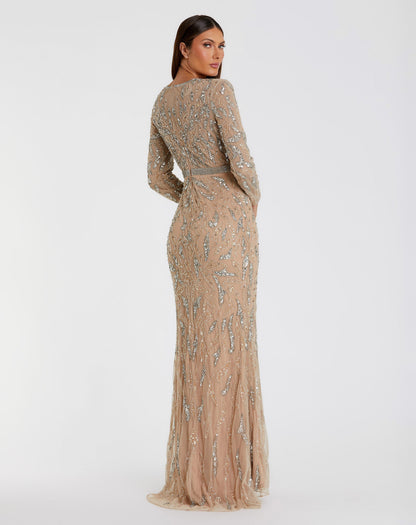 Beige Long Sleeve Beaded Evening Gown