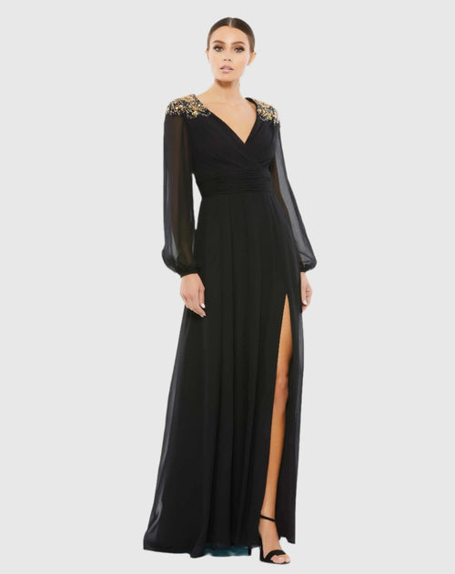 Embellished Shoulder Blouson Sleeve Evening Gown