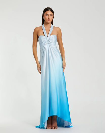 Blue Charmeuse Tie Halter Neck Ombre Gown