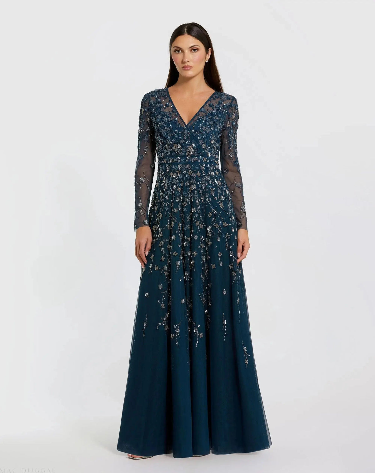 Embellished Wrap Over Illusion Long Sleeve A Line Gown