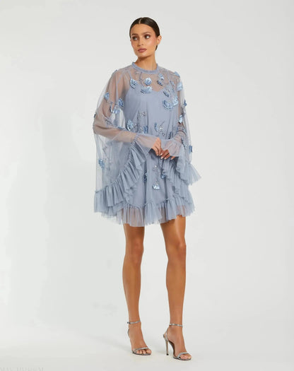 Embellished Long Flare Sleeve Mesh A-Line Dress