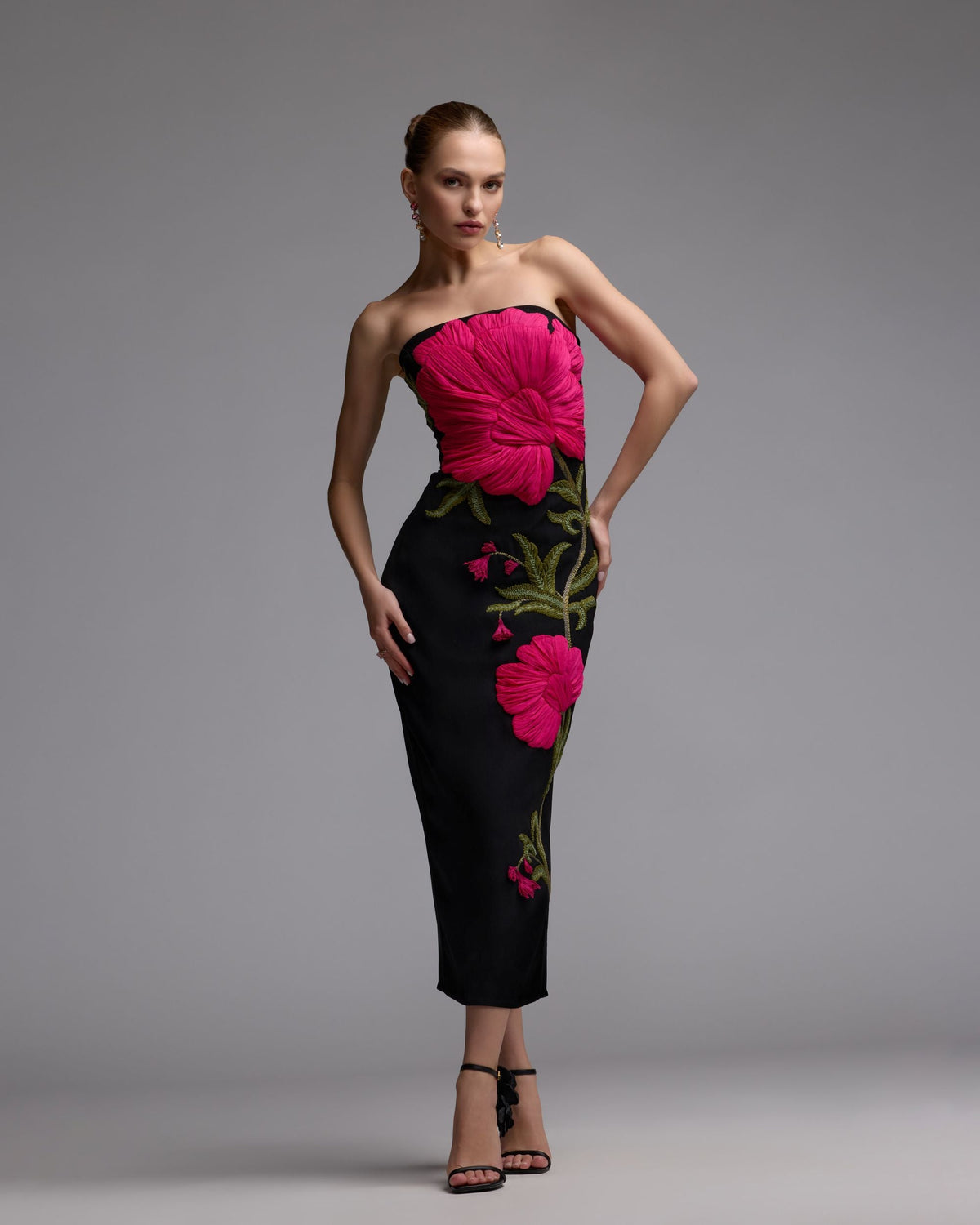 Black Strapless Floral Embroidered Midi Dress
