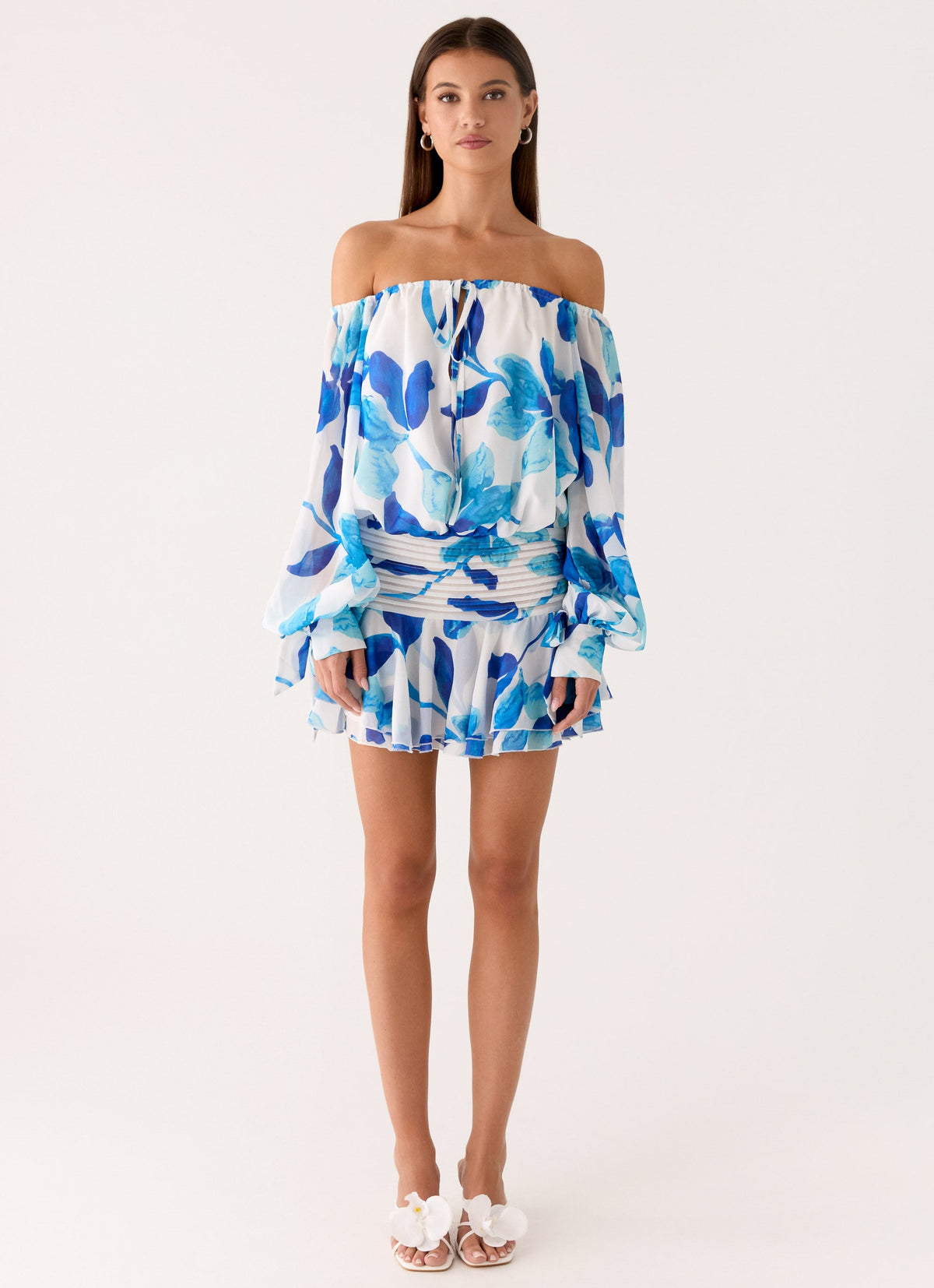 Eira Balloon Sleeve Mini Dress - Cerulean Bloom