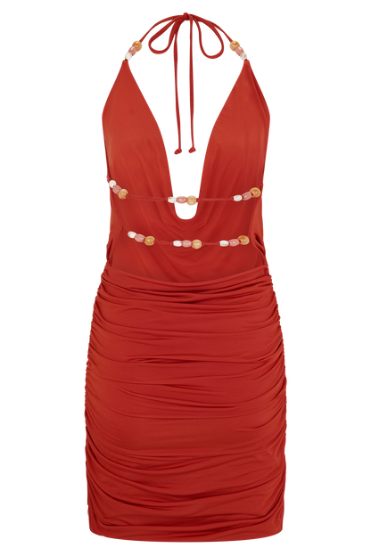 Astraeus Beaded Cowl Mini Dress - Desert Red