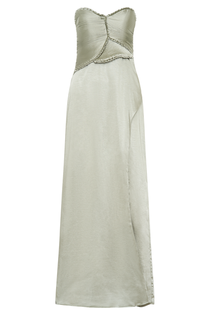 Larissa Satin Maxi Dress With Ruched Petals - Sage